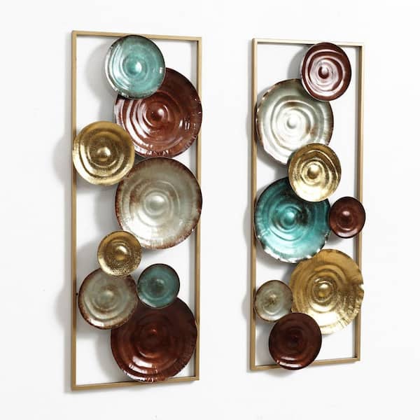 LuxenHome 2-Piece 35.43 in. x 13.39 in. Multi-Color Gems Abstract Metal Work Wall Decor