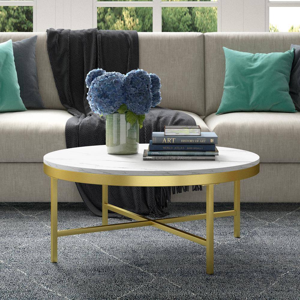 Xivil 36" Brass Round Coffee Table with Faux Marble Top