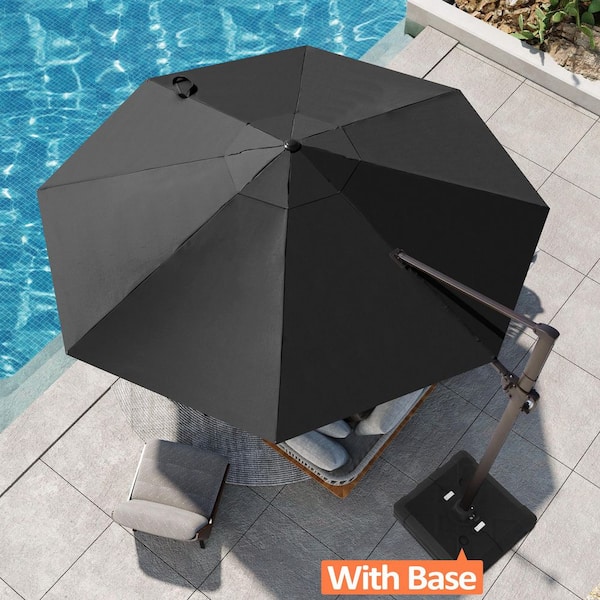 Pellebant 12 ft. Round Aluminum Large Outdoor Cantilever Umbrella Heavy-Duty Offset Patio Umbrella in Black with Base