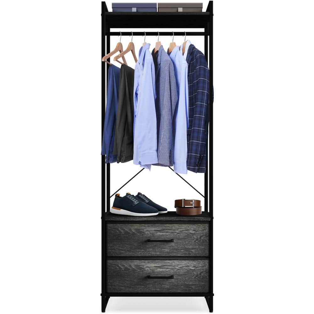 Portable Black and Gray Wood Clothing Rack with Drawers
