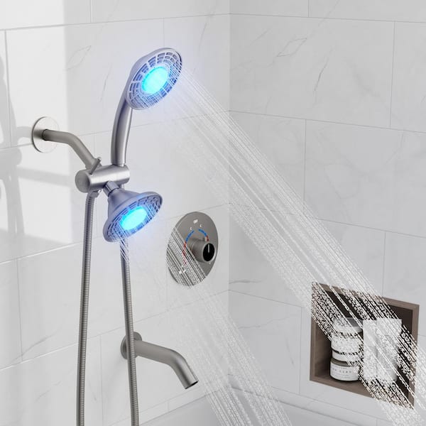 YAWWALK Single Handle 3-Spray Tub and Shower Faucet 2.5 GPM 5 in. LED 3-Color Shower Head in Brushed Nickel(Valve Included)