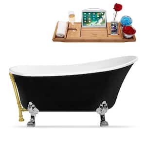 67 in. Acrylic Clawfoot Non-Whirlpool Bathtub in Glossy Black With Polished Chrome Clawfeet And Brushed Gold Drain