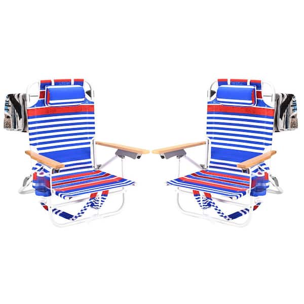 Unbranded 13 in. H 2-Pieces Red and Blue Stripes Aluminium Folding 5 Position Backpack Beach Chairs with Pouch and Beach Towels