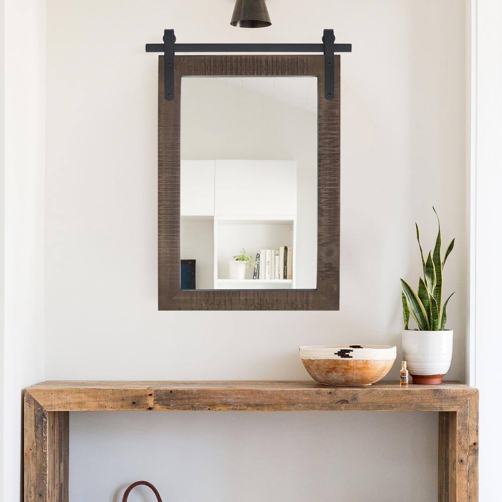 18 in. W x 26 in. H Small Rectangle Mirror Wood Framed Wall Mirror Bathroom Mirror Vanity Mirror in Warm Brown