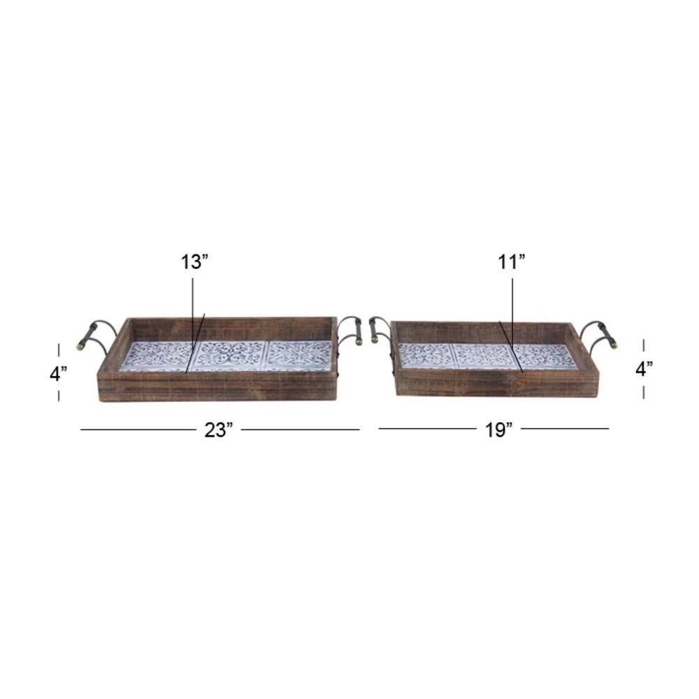 Farmhouse Brown Wood Serving Tray Set with Tile Patterns, 2 Pieces