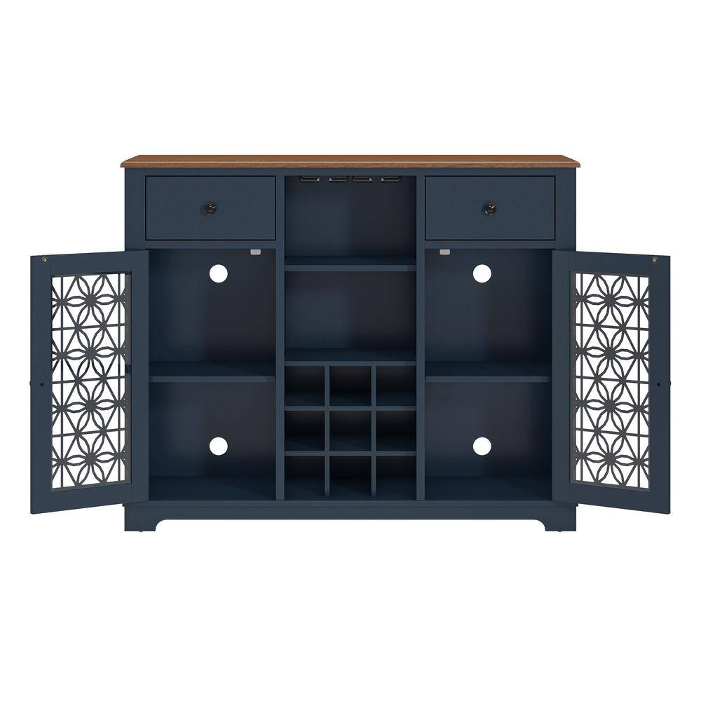 Navy Blue 47" Wine Cabinet with Glass Doors and Metal Rack