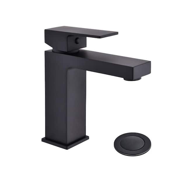 Miscool Thi Single-Handle Single-Hole Bathroom Sink Faucet with Pop-Up Drain Assembly Vanity Sink Faucet in Matte Black