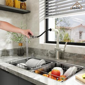 Single Handle Pull Out Sprayer Kitchen Faucet Deckplate Included in Brushed Nickel