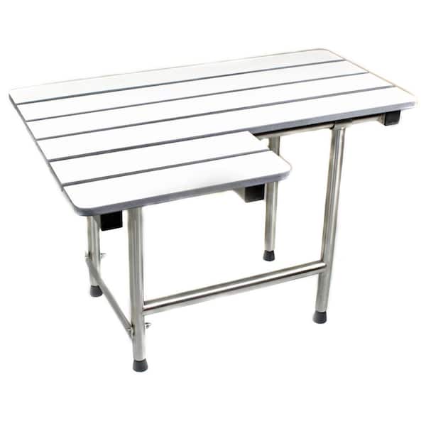 CSI Bathware 34 in. x 21 in. L-Shaped Right Hand Configuration White Phenolic Slatted Folding Shower Seat with Swing Down Legs