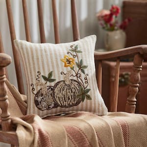 Seasons Crest Light Tan, Creme, Marigold Yellow Embroidered 12 in. x 12 in. Harvest Pumpkin Patch Throw Pillow