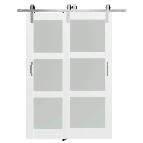64 in. x 80 in. (Double 32 in. ), White 3-Lite Frosted Glass Solid Wood Barn Door Slab with Bypass Hardware Kit Set