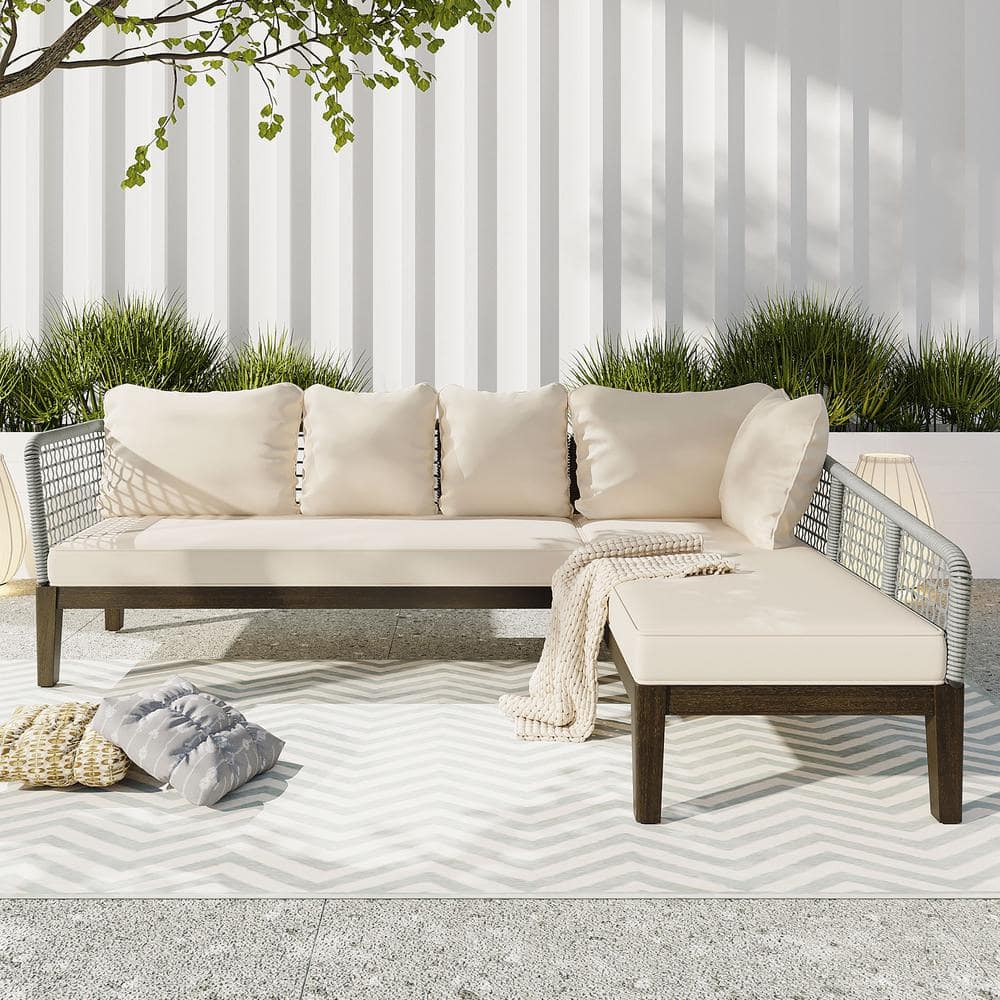 5-Person Wood Outdoor Sectional Sofa Set, Rope Waved Patio Conversation Set