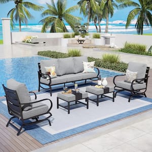 Black 5-Piece Metal Slatted 7-Seat Outdoor Patio Conversation Set with Gray Cushions, 2 Rocking Chairs, 2 Ottomans