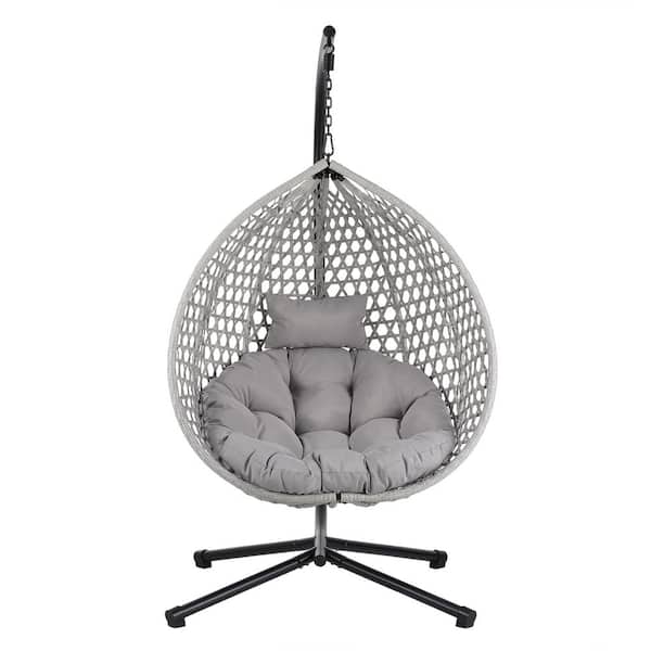 Free Standing Hanging Egg Chair with Stand, Indoor Outdoor Swing Chair with Cushion in Gray