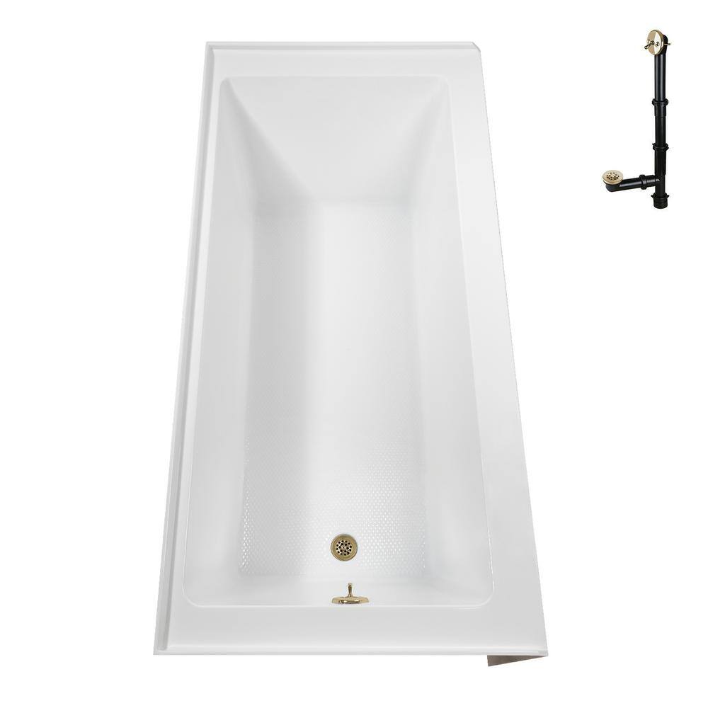 Glossy White Acrylic Alcove Bathtub with Polished Brass Drain