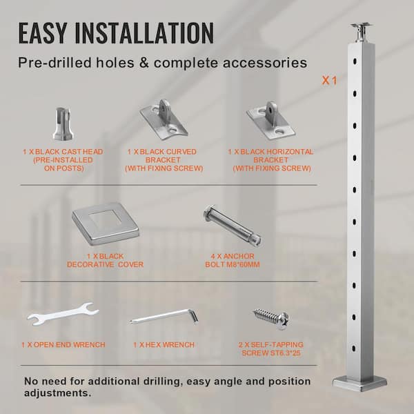 VEVOR Cable Railing Post 36 in. L x 2 in. W x 2 in. H Steel 30° Hole Stair Railing Post SUS304 Stainless Steel Rail Post