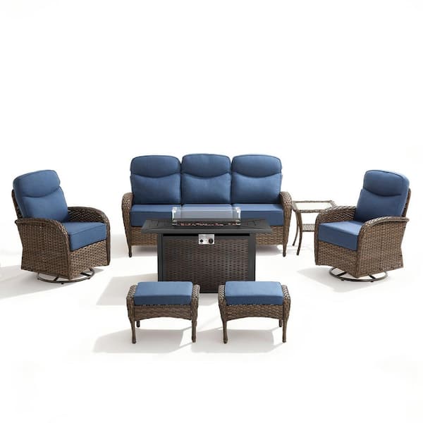 High Crescent 7-Piece Brown Wicker Patio Conversation Set with Beige Cushions and Stree Fire Pit Table