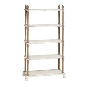 5 Shelf Wood Stationary White Distressed Open Shelving Unit with Brown Spindle Sides and Ball Feet