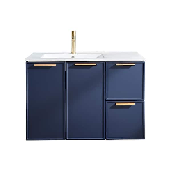 VC CUCINE 36 in. W x 18 in. D x 24 in. H Wall-mounted Bathroom Vanity in Dark Blue with White Ceramic Sink Top