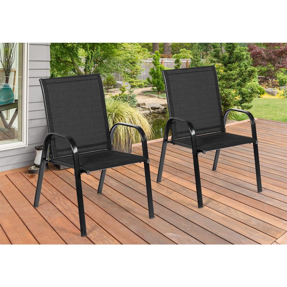 Black Metal Frame Outdoor Dining Chair with Armrest for Garden, Poolside, B