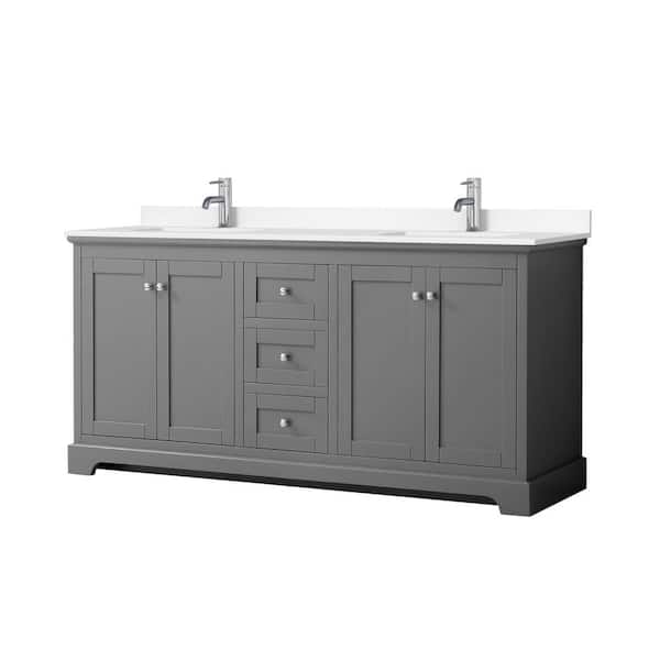 Wyndham Collection Avery 72in.Wx22 in.D Double Vanity in Dark Gray with Cultured Marble Vanity Top in White with White Basins