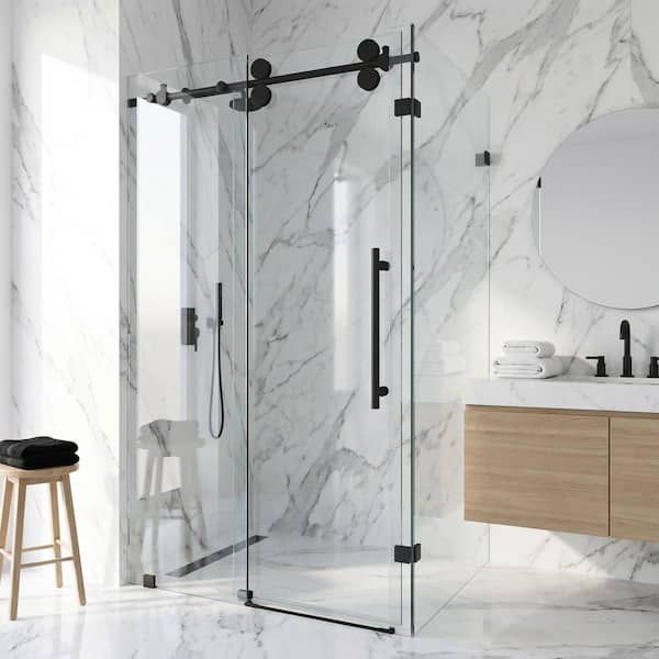 Winslow 35 in. L x 46 in. W x 74 in. H Frameless Sliding Rectangle Shower Enclosure in Matte Black with Clear Glass