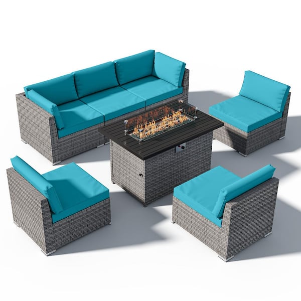 EAGLE PEAK 7-Piece Outdoor Wicker Patio Furniture Set with Fire Table, Light Blue