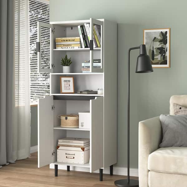 Nestfair 23.62 in. W x 13.78 in. D x 63 in. H White Linen Cabinet with 2 Glass Display Door and 2 Doors