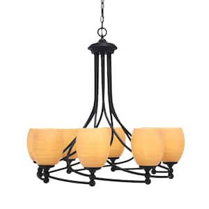 Royale 8 Light Matte Black Chandelier, Round Chandelier with 5 in. Cayenne Linen Glass Shades, No Bulbs Included