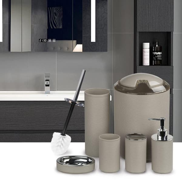 Dracelo 8-Piece Bathroom Accessory Set with Trash Can,Dispenser,Soap Dish,Toilet Brush with Holder,Toothbrush Holder,Cup in Grey