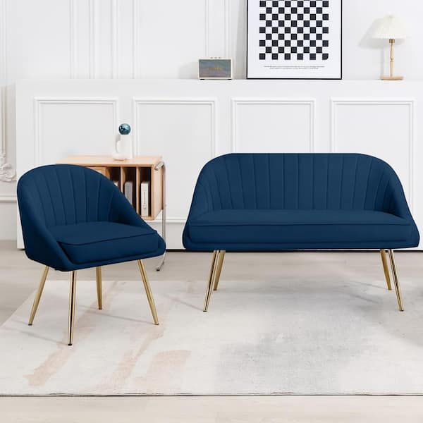 JEAREY Atye 2 Piece Navy Living Room Velvet Loveseat and Accent Chair Set
