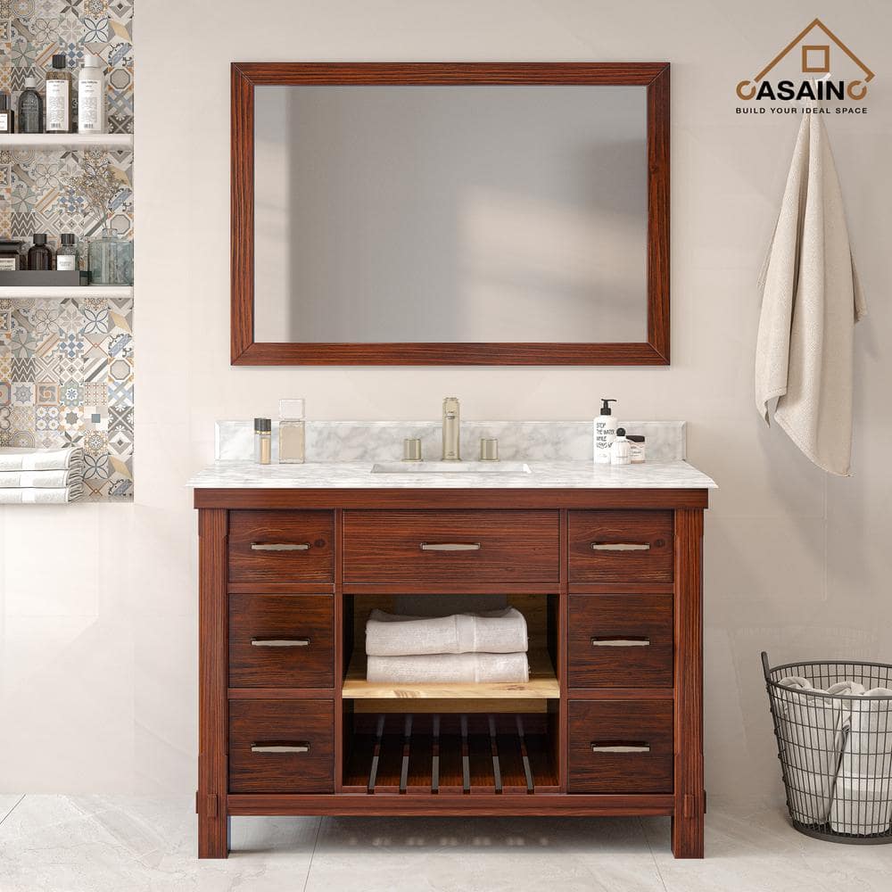 48 in. W x 22 in. D x 35.4 in. H Single Sink Bath Vanity in Traditional Brown with Carrara White Marble Top and Mirror