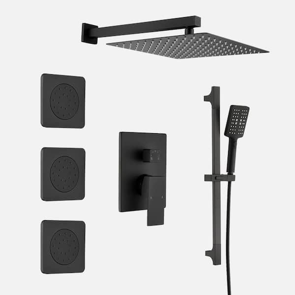 BTCSTAR SUNNIE Single-Handle Spray Square High Pressure Wall Mount Shower Faucet with Body Jets in Matte Black (Valve Included)