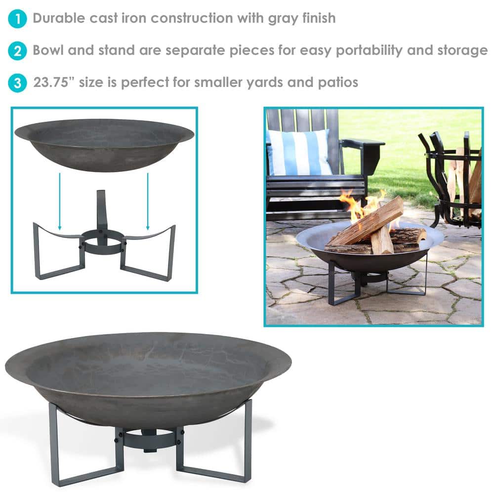 Gray Cast Iron 25" Free-Standing Wood Fire Pit with Stand