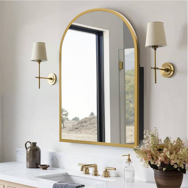 29.5 in. W x 39.4 in. H Arched Recessed/Surface Mount Medicine Cabinet with Mirror in Gold