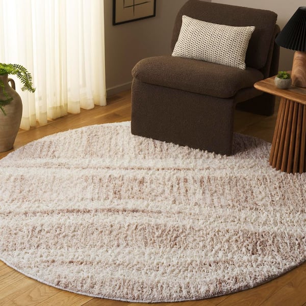 Vermont 6 ft. x 6 ft. Beige/Ivory High-Low Wavy Striped Round Area Rug