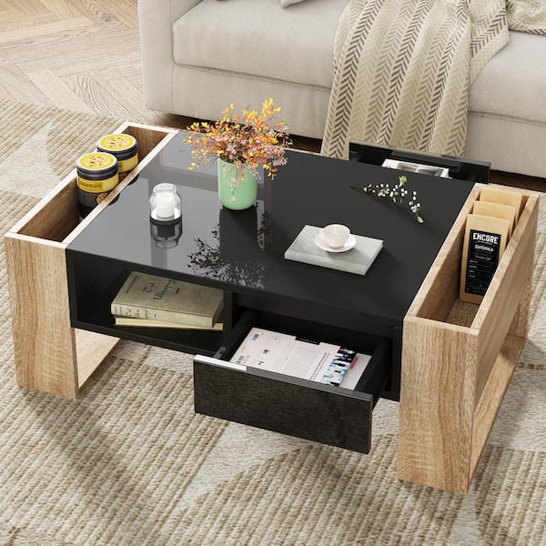 Harper & Bright Designs 41.3 in. Black Rectangle Particle Board Practical 2 Tone Coffee Table with Drawers, Cocktail Table with Storage Shelf