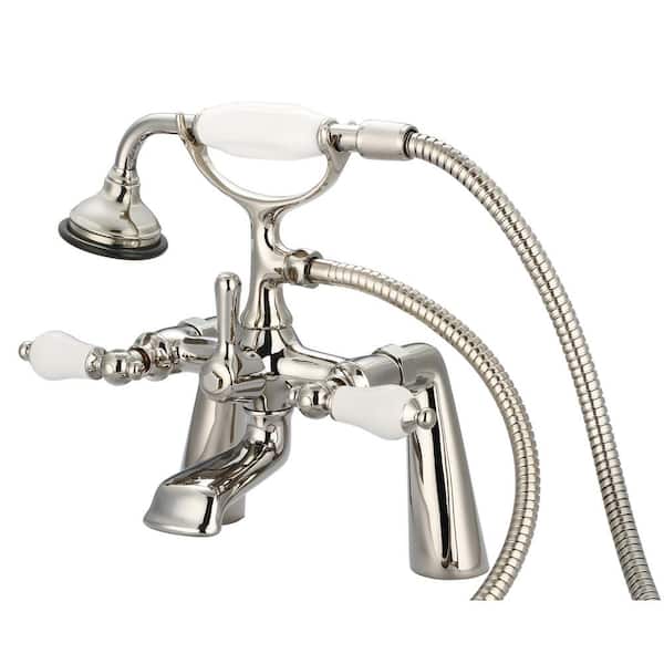 Water Creation 3-Handle Vintage Claw Foot Tub Faucet with Hand Shower and Porcelain Lever Handles in Polished Nickel PVD