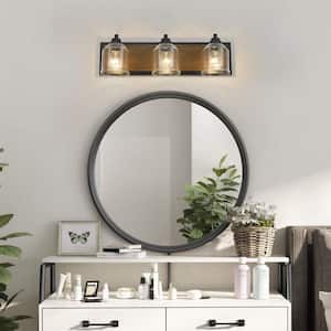 Modern 23 in. 3-Light Black and Dark Wood Grain Vanity-Light with Clear Seeded Glass Shades