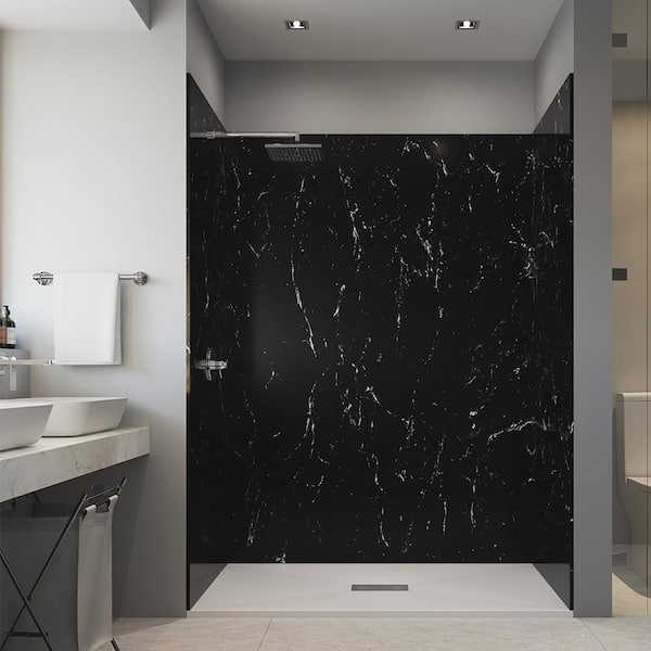 CASTICO Dark empress 36 in. x 60 in. x 84 in. Solid Composite Stone Alcove Shower Kit with Walls and White Pan Base Center Drain