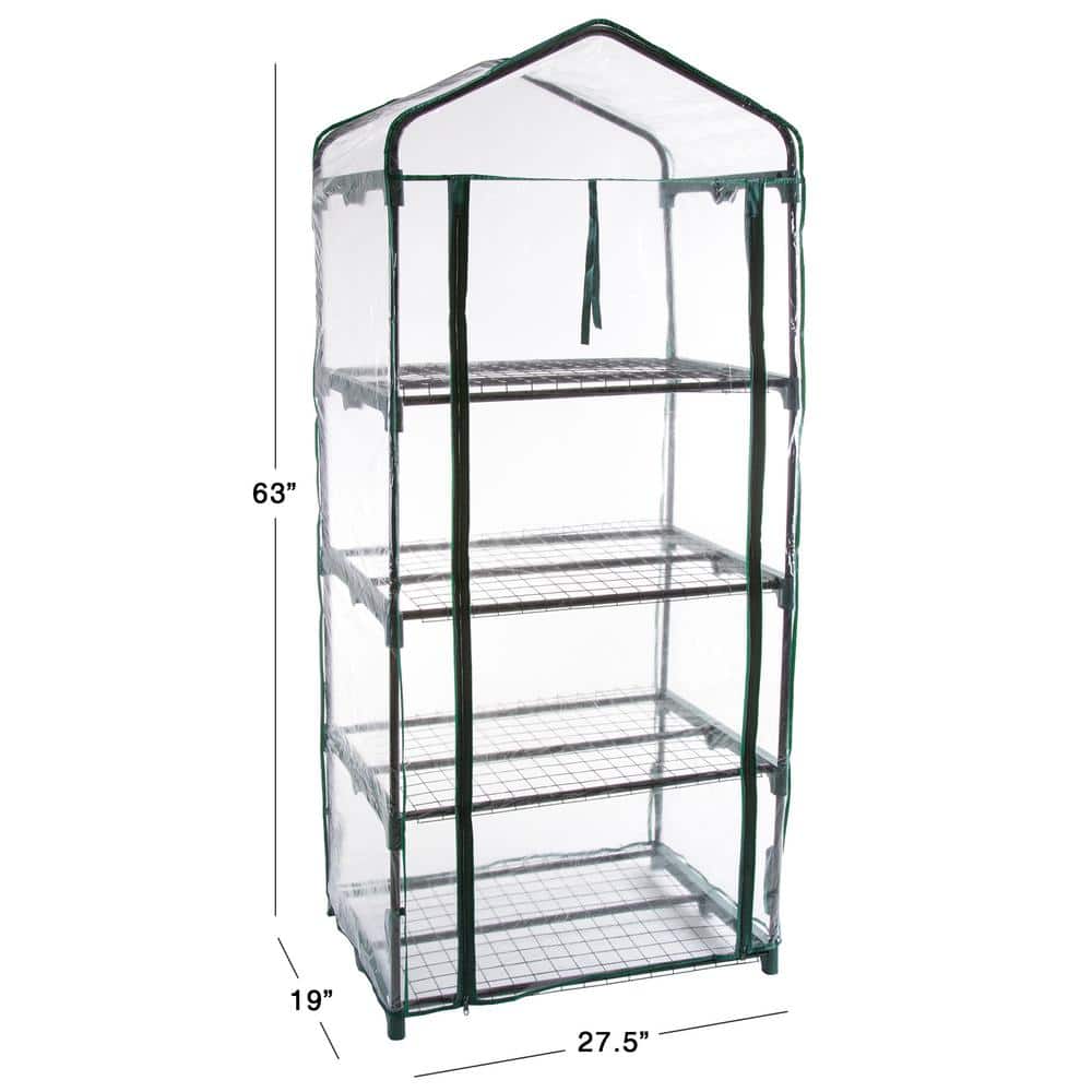 Compact 5' Green Mini Greenhouse with Roll-Up Door and Mesh Shelves
