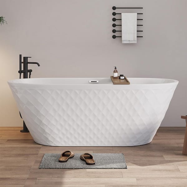 67in. L x 30in. W Freestanding Diamond Soaking Bathtub with Chrome Overflow & Pop-Up Drain, cUPC Certified, Glossy White