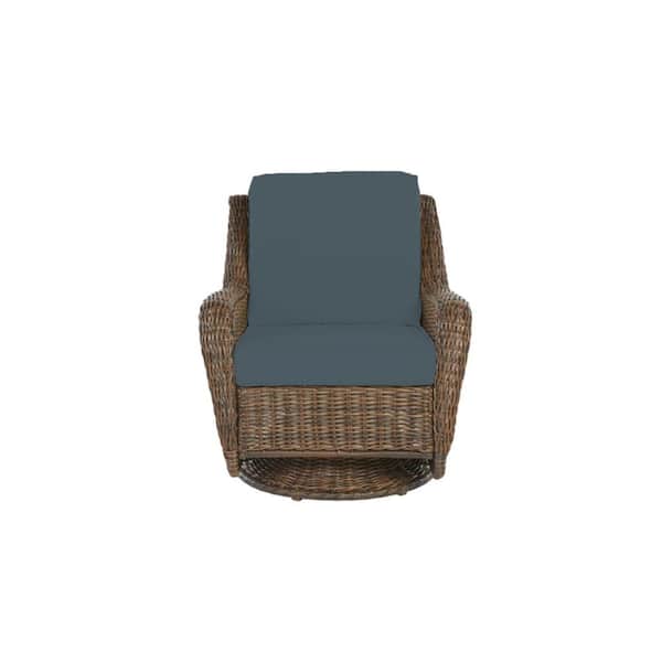 Hampton Bay Cambridge Brown Wicker Outdoor Patio Swivel Rocking Chair with Sunbrella Denim Blue Cushions