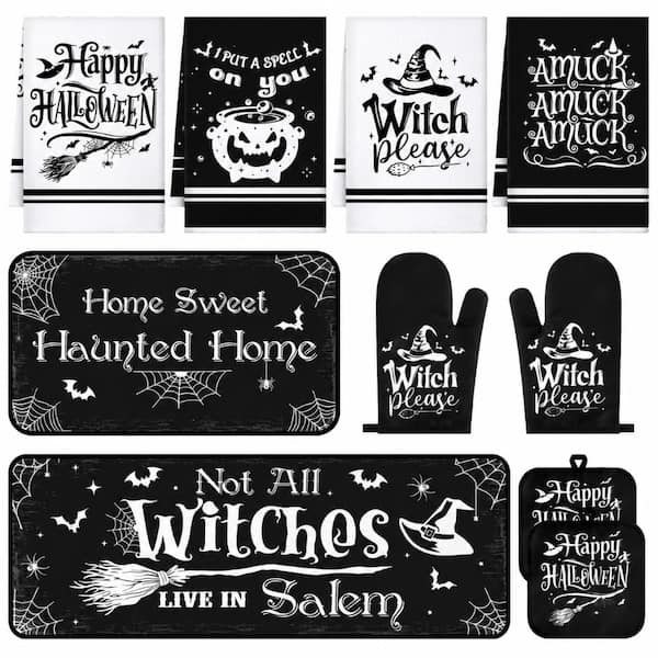 Black Halloween Pumpkin and Maple Polyester Kitchen Towels Set with Pot Holders, Oven Mitts and Rugs