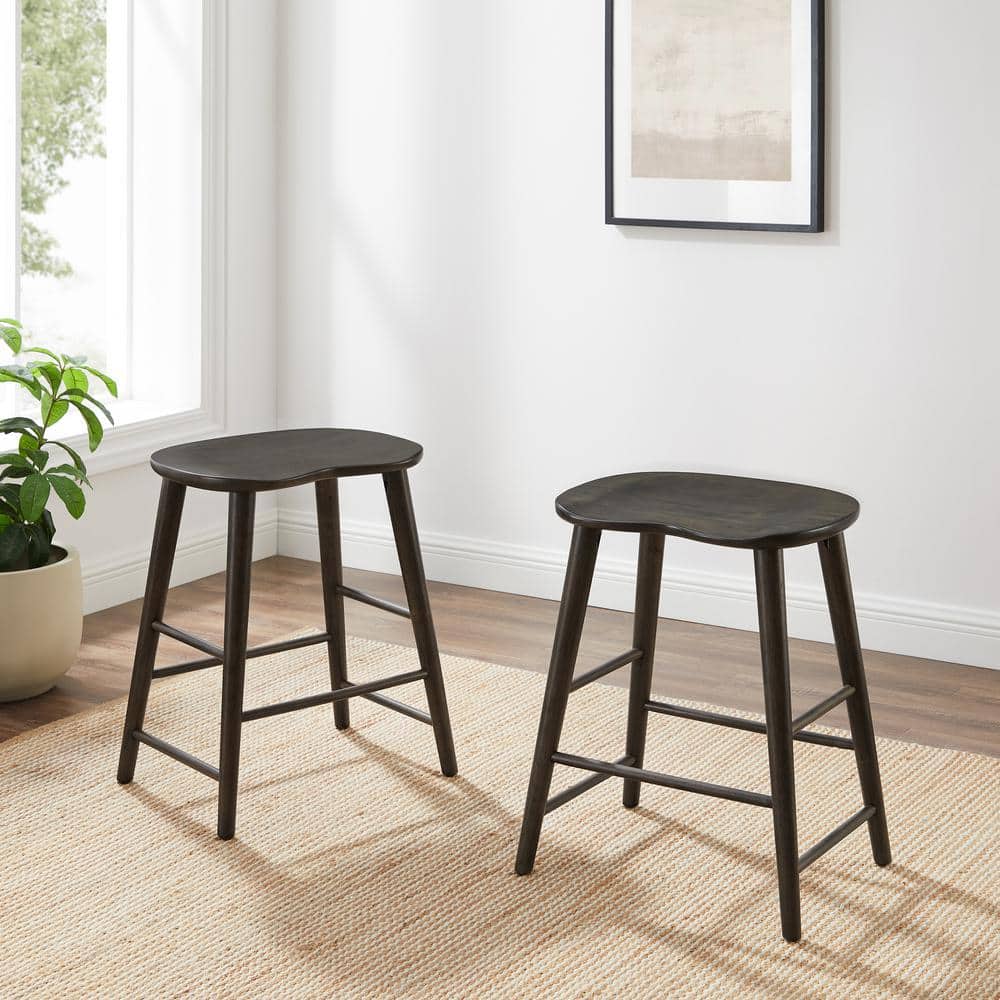 Gray Wood Backless Saddle Style Counter Stools, Set of 2