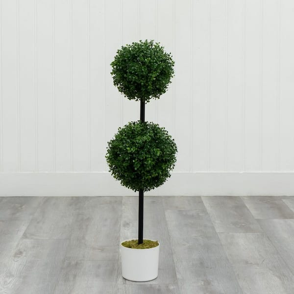 3.1 ft. Artificial UV Resistant 2-Ball Boxwood Topiary Tree in White Pot