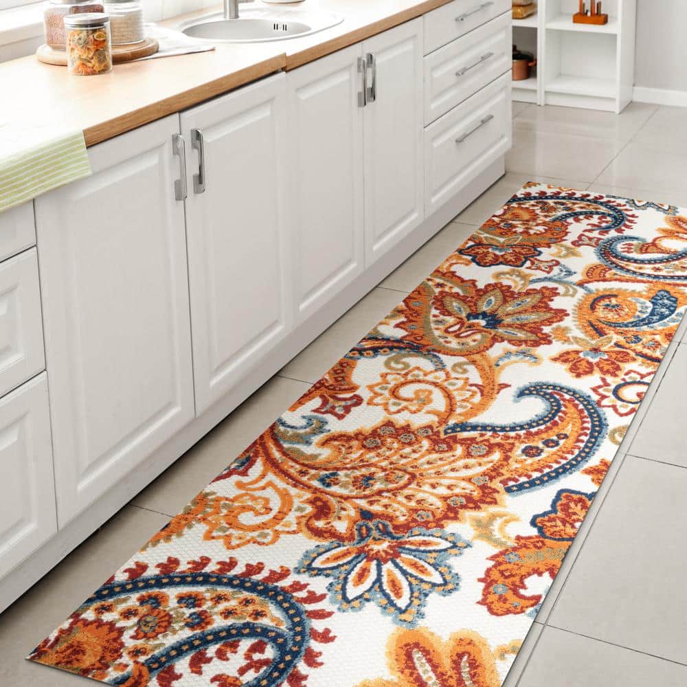 Paisley High-Low Orange and Multicolor Synthetic Runner Rug