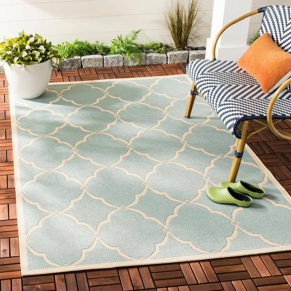 Aqua and Cream Geometric Indoor/Outdoor Area Rug