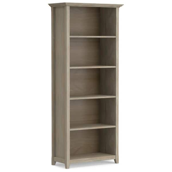 Simpli Home Amherst 70 in. Distressed Gray Wood 5-shelf Standard Bookcase with Adjustable Shelves