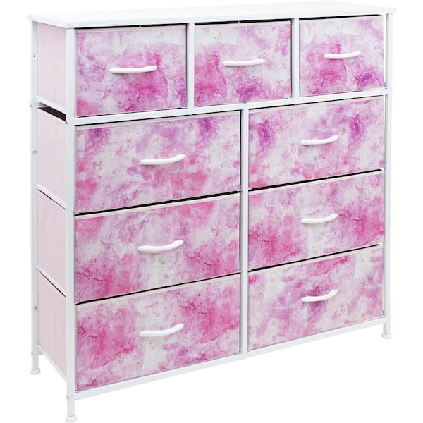 Sorbus 39.5 in. L x 11.5 in. W x 39.5 in. H 9-Drawer Pink Dresser with Steel Frame Wood Top Easy Pull Fabric Bins